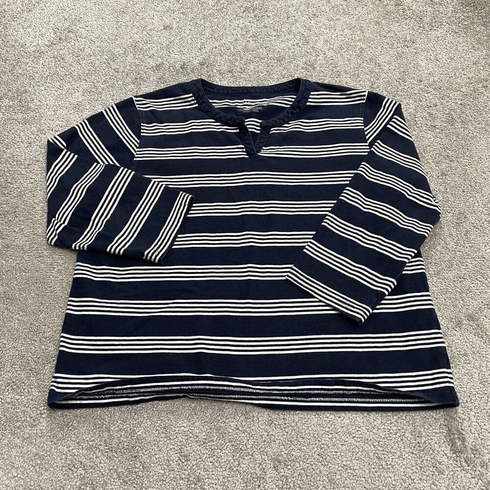 L.L. Bean Striped Shirt Women Medium Navy Blue Long Sleeve Cotton Split Neck Top